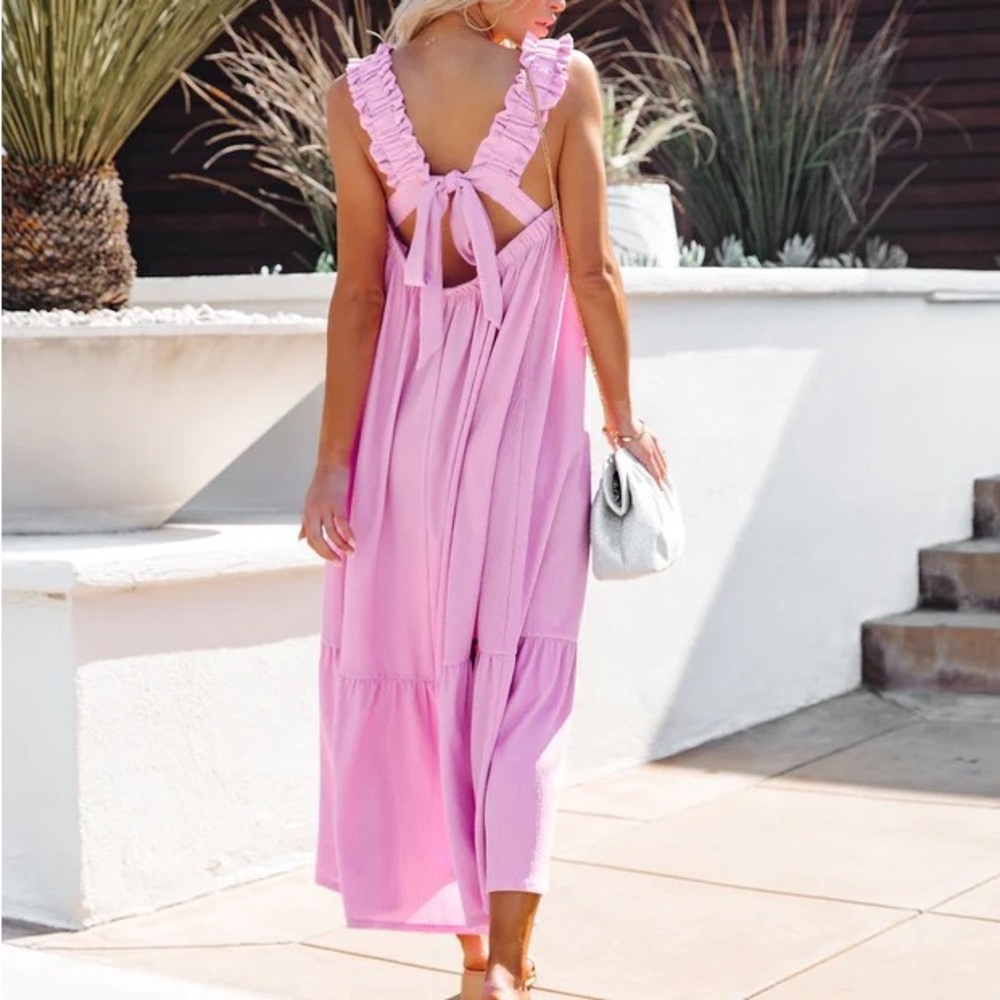 VICI you are loved ruched strap tie back ruffle maxi dress M lavender lilac